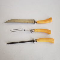 Vintage Butterscotch Bakelite Meat Carving Set Knife Honing Stainless Steel Wood