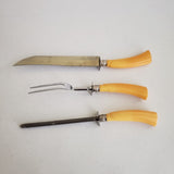 Vintage Butterscotch Bakelite Meat Carving Set Knife Honing Stainless Steel Wood