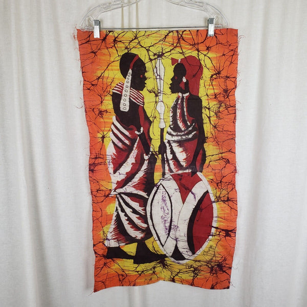 Vtg African Warriors Batik Fabric Wall Art Wax Textile Signed Chege Double Sided