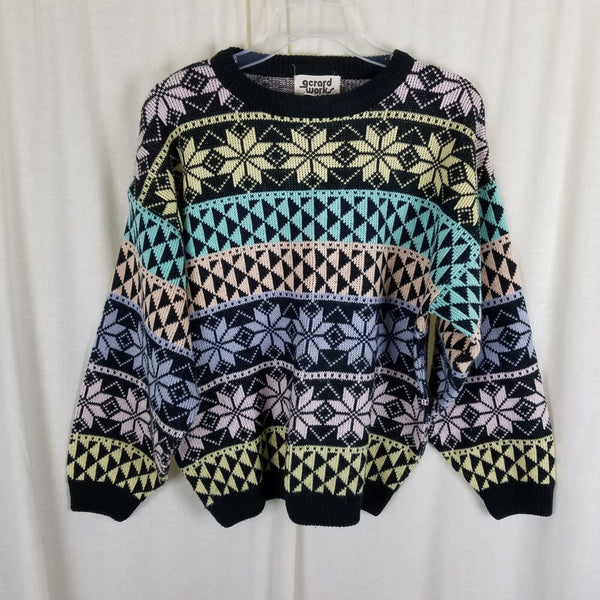 Vintage 90s Gerard Works Snowflake Nordic Loud Knit Sweater Womens M HK Pastel