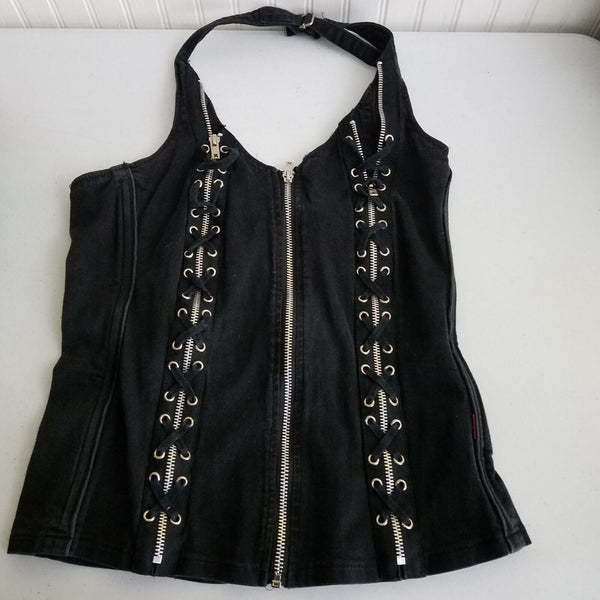 Vtg Y2K Tripp NYC Black Halter Corset Top Lace Up Zippers Womens XL Gothic 90s