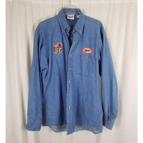 Vtg Reebok Olympic City Chambray Denim Blue Jean Button Work Shirt Mens sz M USA