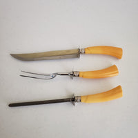 Vintage Butterscotch Bakelite Meat Carving Set Knife Honing Stainless Steel Wood