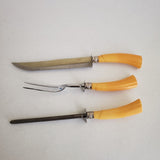 Vintage Butterscotch Bakelite Meat Carving Set Knife Honing Stainless Steel Wood