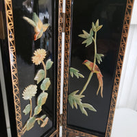 Vtg Asian Black Lacquer Wood Folding 4 Panel Table Screen Jade Mother of Pearl