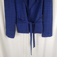 Vintage Cobalt Blue Plaid Draped Collar Tie Wrap Jacket Blazer Womens L France