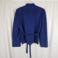 Vintage Cobalt Blue Plaid Draped Collar Tie Wrap Jacket Blazer Womens L France