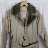 Vintage LL Bean Mouton Fur Collar Down Belted Trench Coat Parka Mens M Peacoat