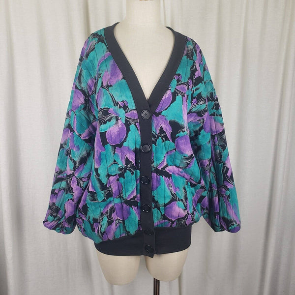 Vintage MA Studio Quilted Floral Artsy VNeck Bomber Jacket Blazer Womens L 90s