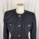 Vintage Saville Wool Collarless Jacket Blazer Womens 4 Charcoal Gray Crest Buttons USA