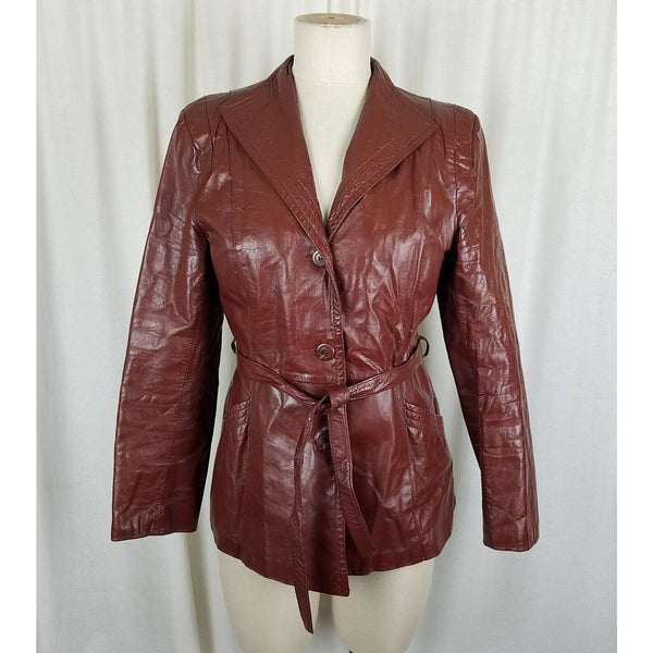 Vintage Opera Red Leather Belted Tie Sash Coat Jacket Womens size 11 12 70s