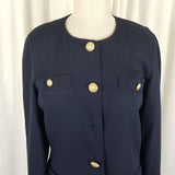 Marella Worsted Wool Navy Blue Collarless Jacket Blazer Womens 8 Crest Buttons