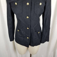 Vintage Saville Wool Collarless Jacket Blazer Womens 4 Charcoal Gray Crest Buttons USA