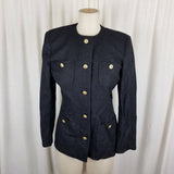 Vintage Saville Wool Collarless Jacket Blazer Womens 4 Charcoal Gray Crest Buttons USA