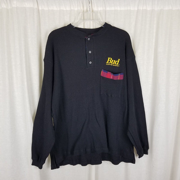 Vintage Budweiser Waffle Weave Tartain Plaid Henley Pullover LS Shirt Mens L