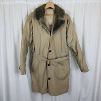 Vintage LL Bean Mouton Fur Collar Down Belted Trench Coat Parka Mens M Peacoat