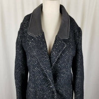 Vintage Black Mottled Wool Leather Trim Herringbone Tweed Peacoat Coat Womens 7