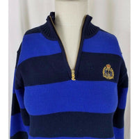 LRL Ralph Lauren Petites Blue Wide StripeS Knit 1/4 Zip Crest Sweater Womens P