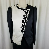 Vintage Mollie Parnis Designer Black Satin Embellished Skirt Suit Womens 8 80s