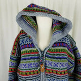 Rainbow Crafts Merino Wool Knit Hooded Zip Sweater Jacket Womens L Aztec Tribal