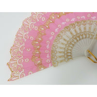 VINTAGE CHINESE Pink Fabric FAN White Plastic RIBS Gold Trim Asian China