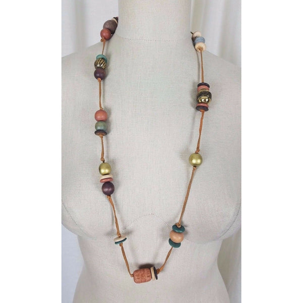 African Bohemian Hippie ARTISAN Clay Beaded Leather Strand NECKLACE Jewelry