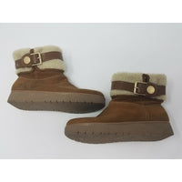 Marc Fisher Buckle Ankle Boots Faux Fur Shearling Suede Side Zip Tan Women's 7M