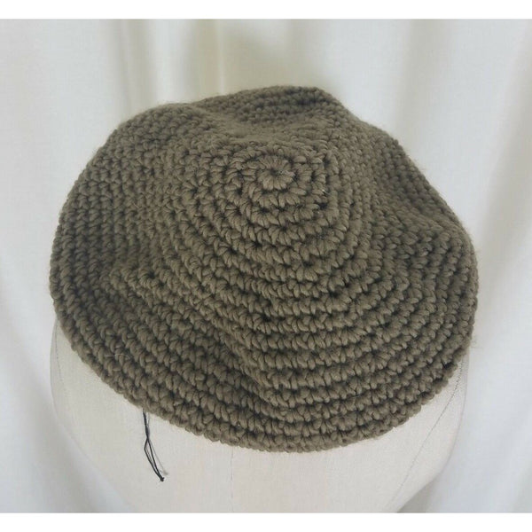 Vintage Knit Crochet Beret Flat Flexible Stretch Circle Rope Look Hat Tan Olive