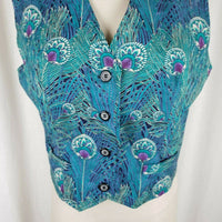 Vintage Satin Reeds Feather Asian Print Belted Dress Waistcoat Vest Womens L