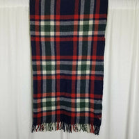 Vintage Troy Robe PLAID Fringe Stadium Carriage Throw Blanket WOOL Navy Blue Red