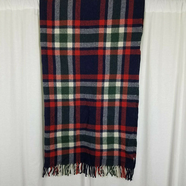 Vintage Troy Robe PLAID Fringe Stadium Carriage Throw Blanket WOOL Navy Blue Red