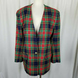 Chaus Tartan Scotch Plaid Wool Collarless Blazer Jacket Womens L XL Vintage 80s