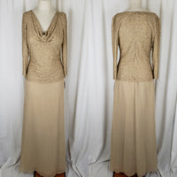 Lawrence Kazar Beaded Dress Drape Neck Long Maxi Womens 6 Formal Gown Gold Tan