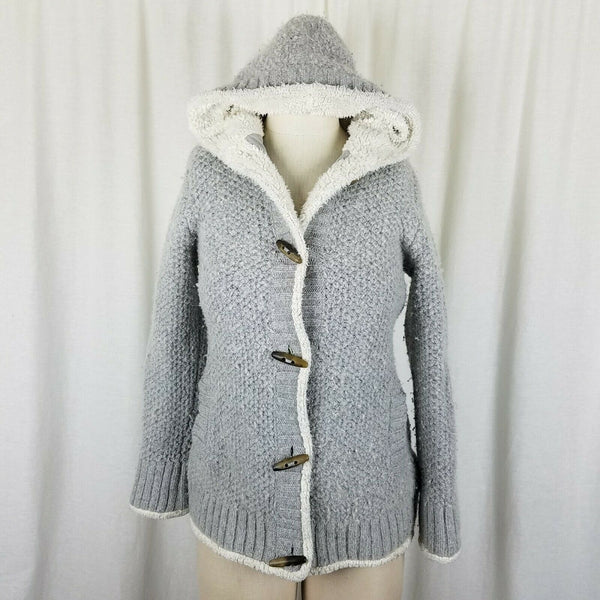 LL Bean Hooded Shearling Lined Wool Toggle Knit Sweater Jacket Cardigan Womens S
