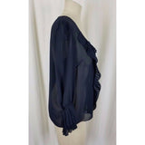 Nanette Lepore Navy Blue Ruffled Pleated Sheer Poet Tunic Blouse Womens 6 USA