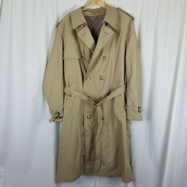 Bradley Jons Insulated Double Breasted Belted Trench Coat Mens 42 Wool Lined Tan