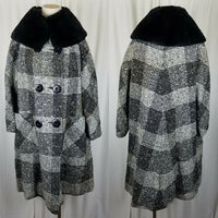 Vintage 50s Woven Plaid Wool Faux Fur Muff Collar MCM Peacoat Swing Coat Womens