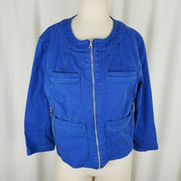 Ellen Tracy Denim Bright Blue Jean Jacket Womens L Collarless Zippered Zip Up