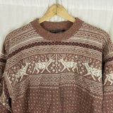 Vintage Castle Square Birdseye Reindeer Knit Sweater Mens L Christmas USA Brown