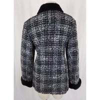 Simon Chang Boucle Woven Tweed Plaid Vegan Faux Pile Fur Lined Jacket Womens 7 8