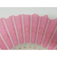 VINTAGE CHINESE Pink Fabric FAN White Plastic RIBS Gold Trim Asian China