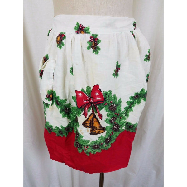 Vintage Christmas Wreath Pinecones Bells Red APRON Mid Century Textile Cotton