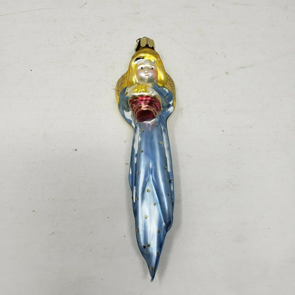 Vintage Painted Glass Figural Blue Angel Christmas Ornaments Long Icicle Shape