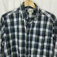 LL Bean Tartan Plaid Flannel Button Up Long Sleeve Camp Shirt Mens M Blue Yellow