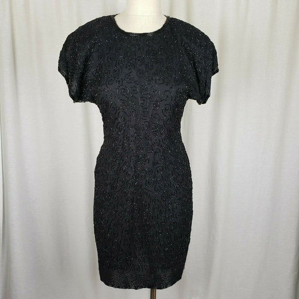 VINTAGE Stenay Heavily Beaded Black Silk Cocktail Formal Dress Womens 6P India