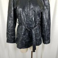 Navarree Leather Black Belted Patchwork Piecework Coat Jacket Womens L High Neck