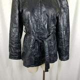 Navarree Leather Black Belted Patchwork Piecework Coat Jacket Womens L High Neck