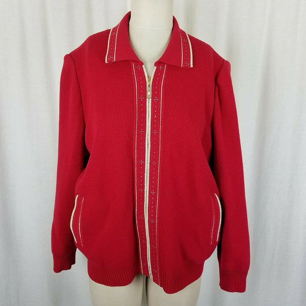 Escalier 100 Jeweled Zip Up Jacket Santana Knit Sweater Jacket Womens L Red Tan