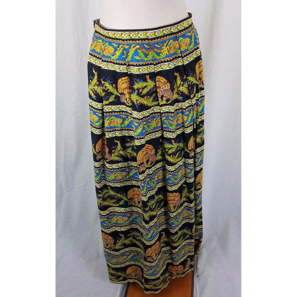 Vintage Asian Inspired Koi Fish Print Pleated Long Maxi Skirt Womens S Jupe-Fix