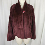 Vintage Vegan Faux Fur Plush Ribbed Wrap Open Front Swing Jacket Womens L Wine